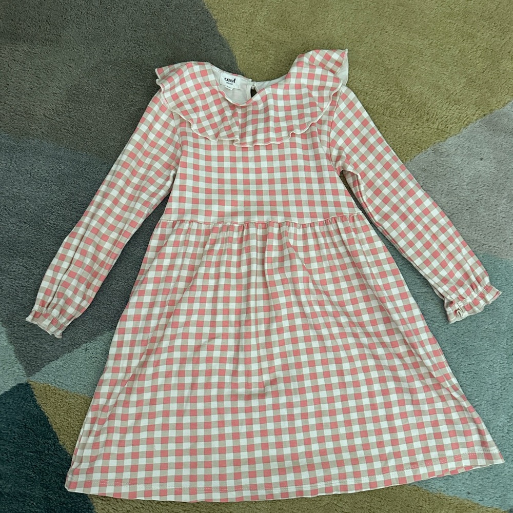 Oeuf Pink and White Gingham Ruffle-Trim Dress